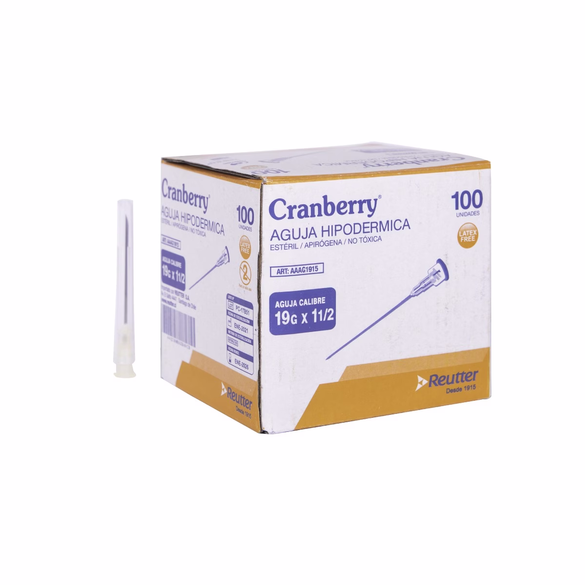 REAG0001 Aguja hipodérmica 19 G – 1 caja ( 100 unid ) - Caja – Cranberry - Imagen 1