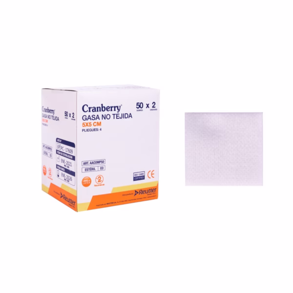Gasa no tejida estéril 5 x 5 cm – 1 caja ( 50 sobres x 2 ) - Caja – Cranberry - Imagen 1