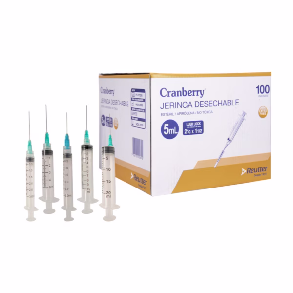 Jeringa desechable 5 cc con punta rosca aguja 21x1 – 1 caja ( 100 unid ) - Caja – Cranberry - Imagen 1