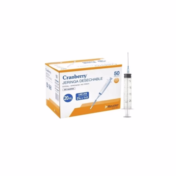 Jeringa desechable 20 cc con punta rosca aguja 21x1 – 1 caja ( 50 unid ) - Caja – Cranberry - Imagen 1