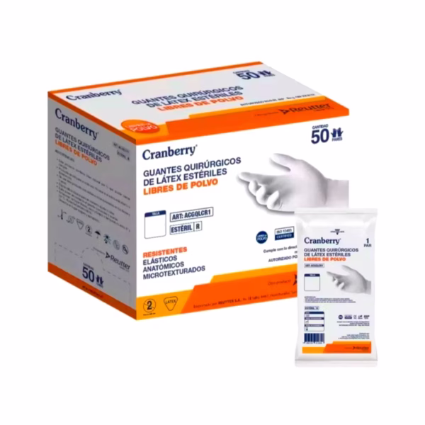 Guante quirúrjico de latex estéril libre de polvo 8 – 1 Caja ( 50 pares ) - caja – Cranberry - Imagen 1